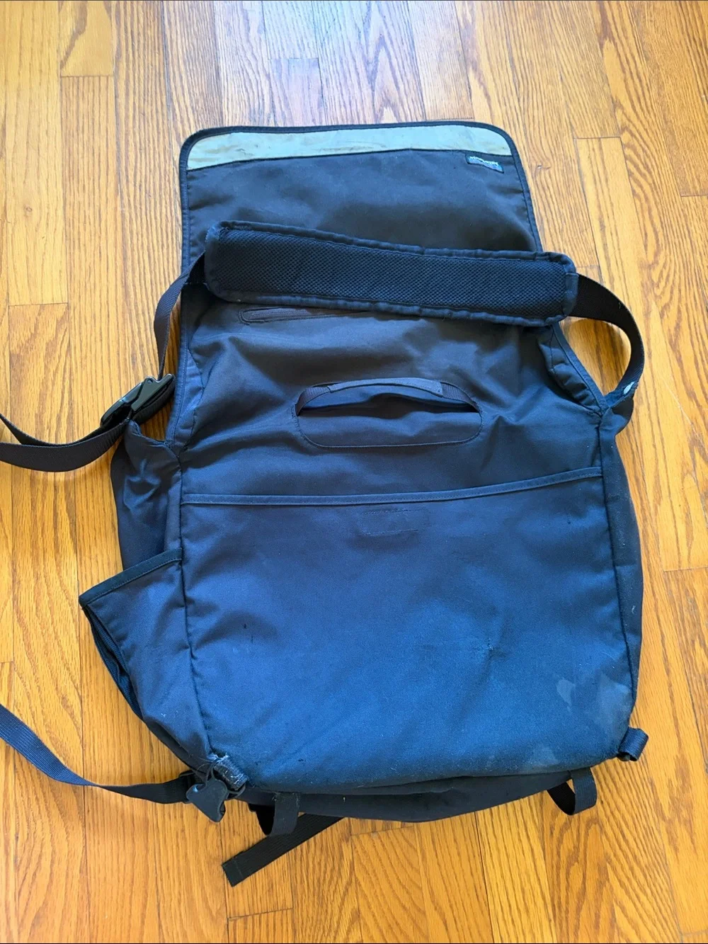 Patagonia Black Messenger Bag with Light Gray Reflective Trim